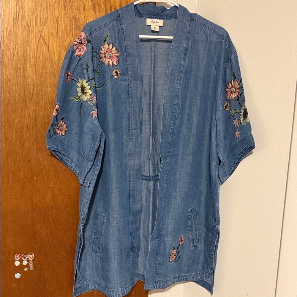 Style & Co. Blue Floral Embroidered Kimono Blouse